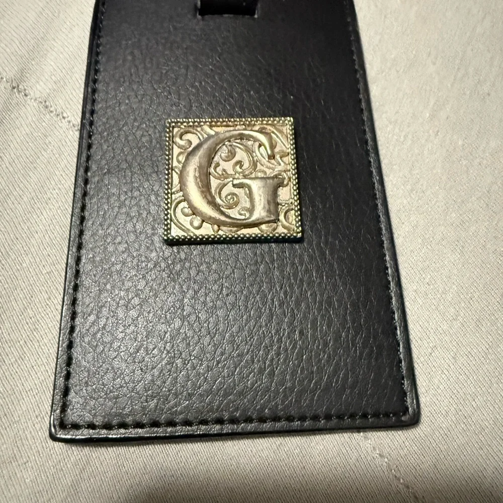 Black Leather luggage Tag with silver G monogram Emblem